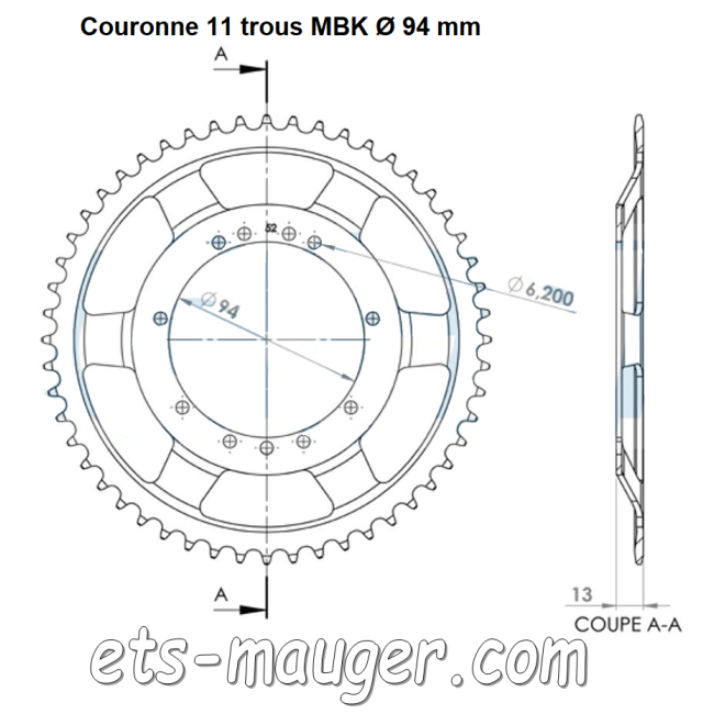 Couronne ø 94 mm 44 dents MBK MOTOBECANE 11 trous