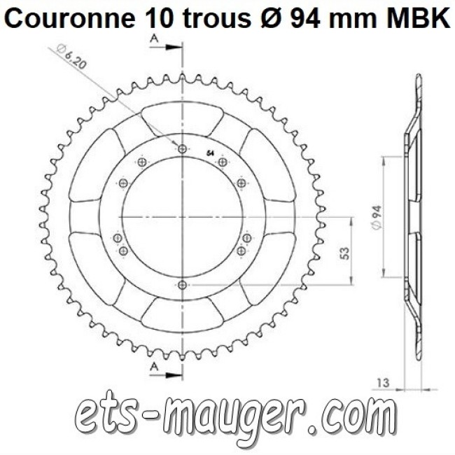 Couronne ø 94 mm 44 dents MBK MOTOBECANE 10 trous