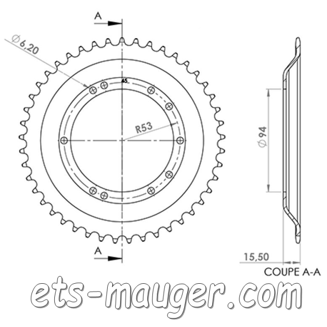 Couronne ø 94 mm 42 dents Peugeot bâtons tôle