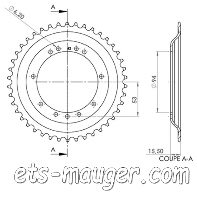 Couronne ø 94 mm 42 dents Peugeot rayon